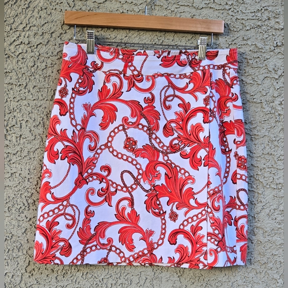 Boston Proper Red Orange Scroll Print Mini Skirt Built In Shorts